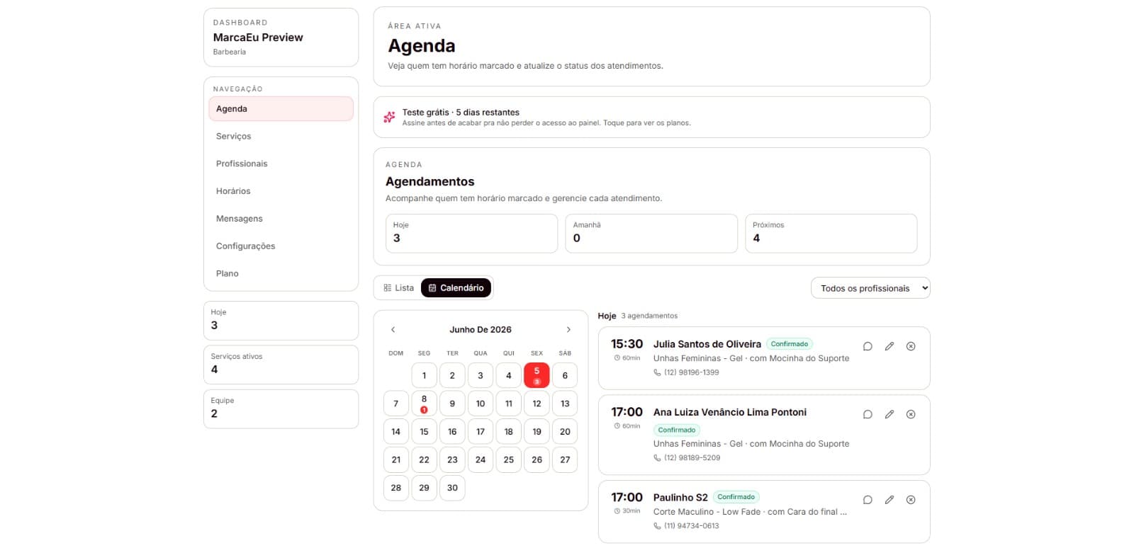 Painel do MarcaEu: Agenda